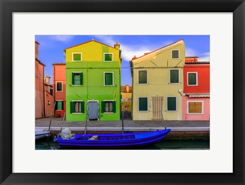 Framed Italy, Burano Colorful House Walls And Boat In Canal Print