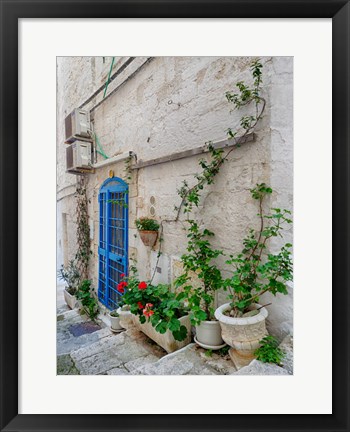 Framed Italy, Puglia, Brindisi, Itria Valley, Ostuni Blue Door And Potted Plants Print