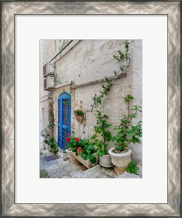 Framed Italy, Puglia, Brindisi, Itria Valley, Ostuni Blue Door And Potted Plants Print