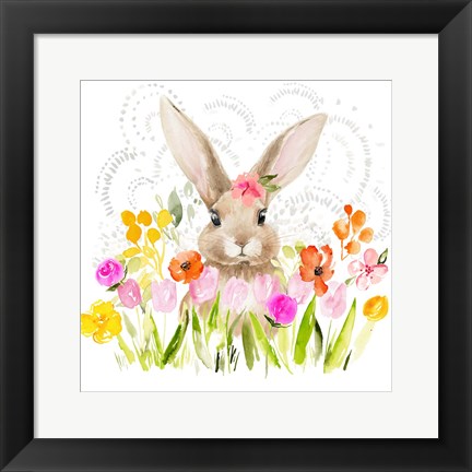 Framed April Flowers &amp; Bunny I Print