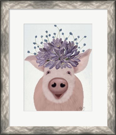 Framed Pig and Lilac Flowers Print