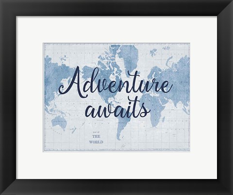 Framed World Map White and Blue v2 Print
