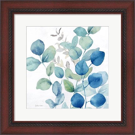 Framed Eucalyptus Leaves Navy II Print