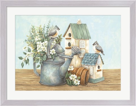 Framed Watering Can and Chickadees Print
