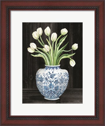 Framed Blue and White Tulips Black I Print