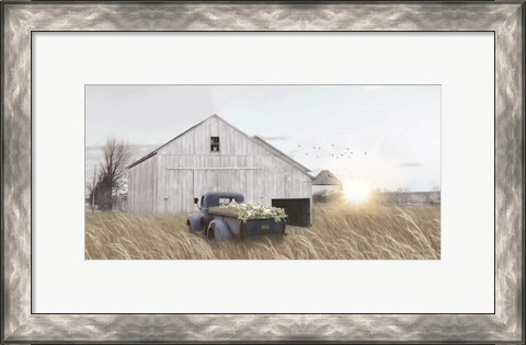 Framed Navy Blue Truck with Flowers Print
