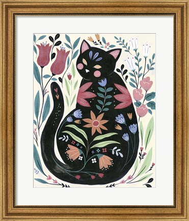 Framed Folksy Feline I Print