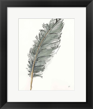 Framed Gold Feathers VII Green Print