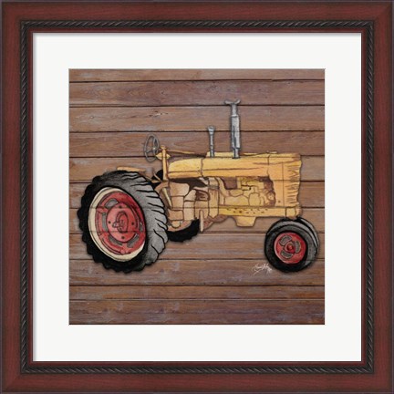 Framed Tractor on Wood I Print