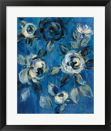 Framed Loose Flowers on Blue I Print
