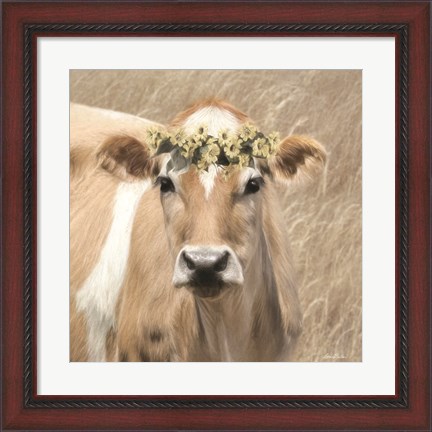 Framed Floral Cow I Print