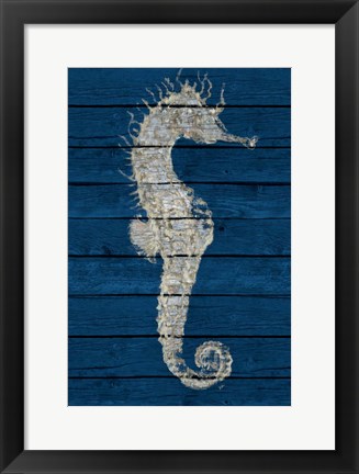 Framed Antique Seahorse on Blue I Print
