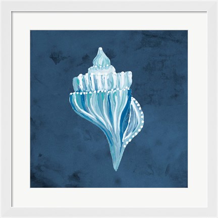Framed Azul Dotted Seashell on Navy I Print