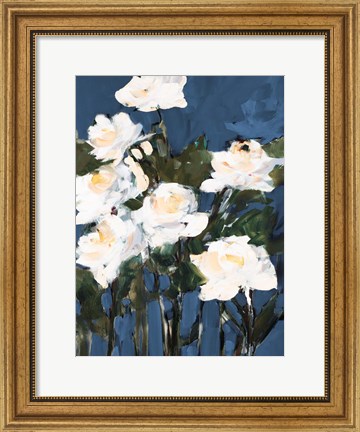 Framed White Roses On Blue Print