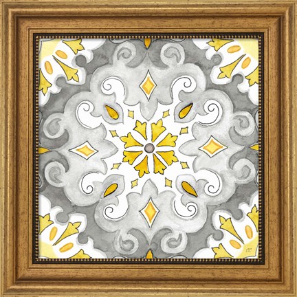 Framed Jewel Medallion yellow gray I Print