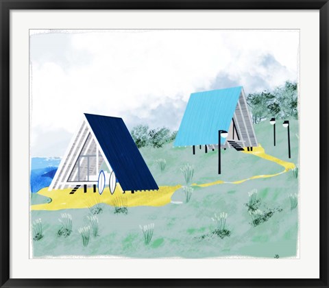 Framed Lake Cabins At Dawn Print