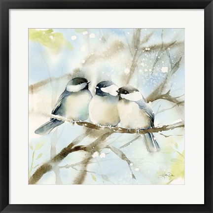 Framed Three Chickadees in Spring Sq Print