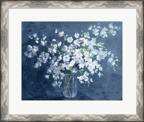 Framed Fresh White Bouquet Dark Blue Print