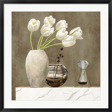 Framed Floral Setting on White Marble I Print