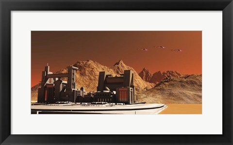 Framed Spacecraft Fly Near An Installation Habitat On the Planet Mars in the Future Print