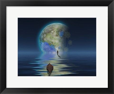 Framed Man With Boat On Water Surface Before the Terraformed Moon Print
