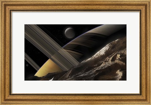 Framed Passing Comet Makes a Close Flypast of Saturn and Two of Its Moons Print