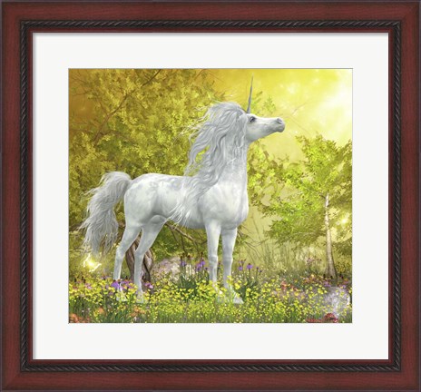 Framed White Unicorn Stallion Stands in a Meadow Full of Flowers Print