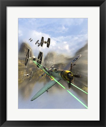 Framed WW II P-47 Thunderbolt Being Chased By Some Tie Fighters of Star Wars Print