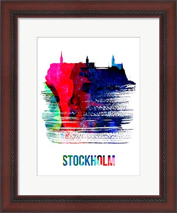 Framed Stockholm Skyline Brush Stroke Watercolor Print