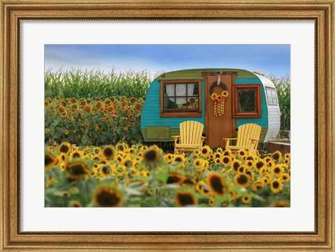 Framed Vintage Camper and Sunflowers 2 Print