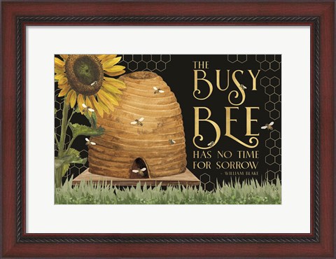 Framed Honey Bees &amp; Flowers Please landscape on black II-Busy Bee Print