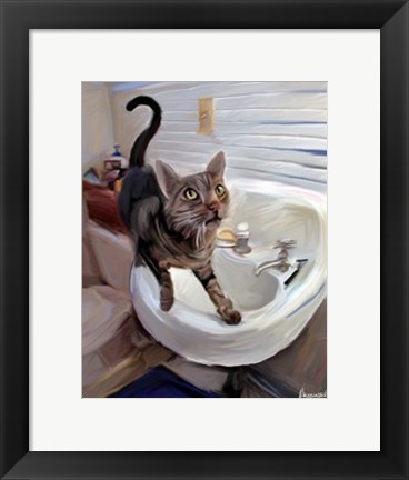 Framed Gray Tiger Cat on the Sink Print