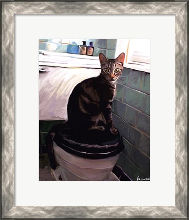 Framed Gray Tiger Cat on the Toilet Print