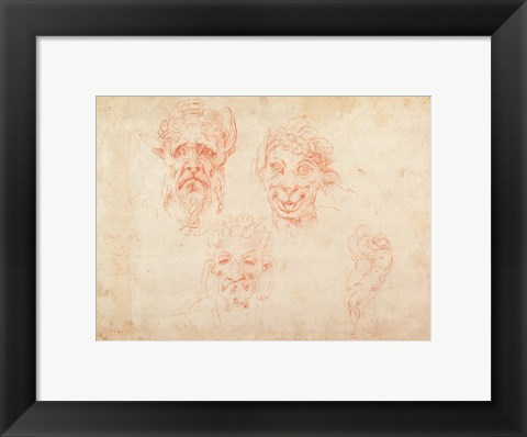 Framed W.33 Sketches of satyrs&#39; faces Print