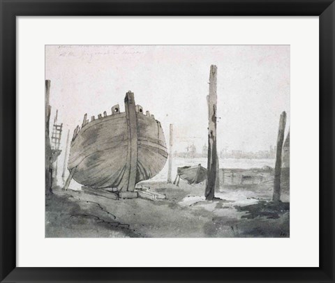 Framed River Scene with Vessel at Sunset Print