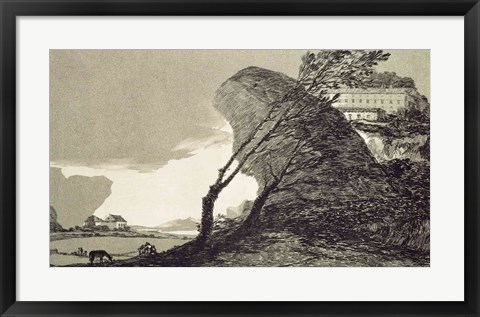 Framed Landscape with Large Rocks, Buildings and Trees Print