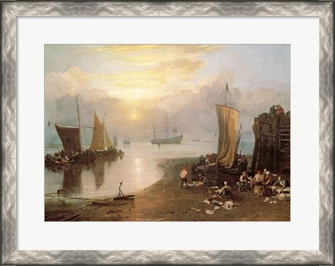 Framed Sun Rising Through Vapour: Fishermen Cleaning and Selling Fish, c.1807 Print