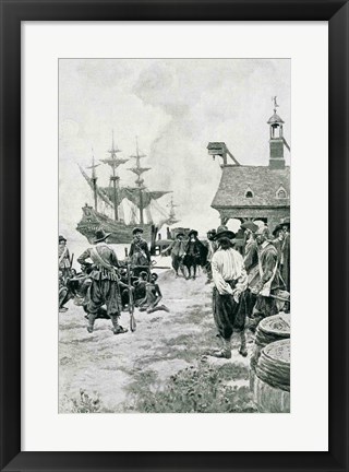 Framed Landing at Jamestown from a Dutch Man-of-War Print