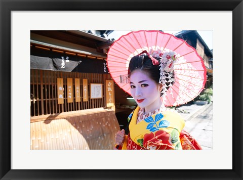 Framed Geishadressed in a kimono, Kyoto, Honshu, Japan Print