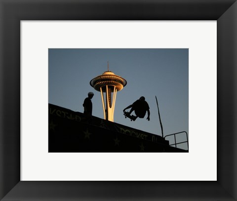 Framed Skateboarder Aloft and Space Needle Print