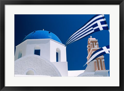 Framed Santorini, Oia , Cyclades Islands, Greece With Flag Print
