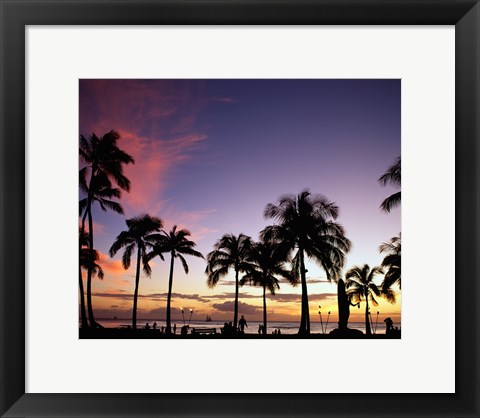 Framed Silhouette of palm trees on the beach, Waikiki Beach, Honolulu, Oahu, Hawaii, USA Print