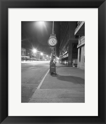 Framed Night view with street clock and mailbox Print