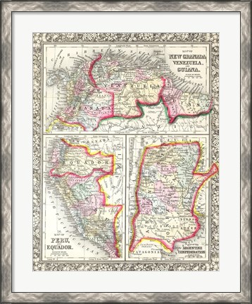 Framed 1860 Mitchell&#39;s Map of Peru, Ecuador, Venezuela, Columbia and Argentina Print