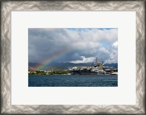 Framed US Navy, A Rainbow Arches Near the Aircraft Carrier USS Kitty Hawk Print