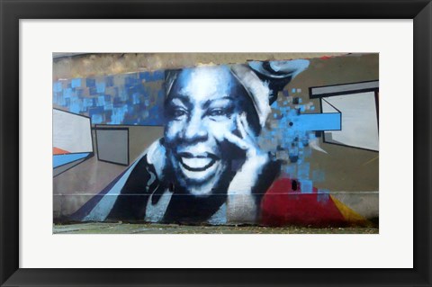Framed Graffiti of blue smiling women with abstract background somewhere in Gdynia Print