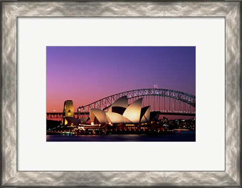 Framed Opera house lit up at night, Sydney Opera House, Sydney Harbor Bridge, Sydney, Australia Print