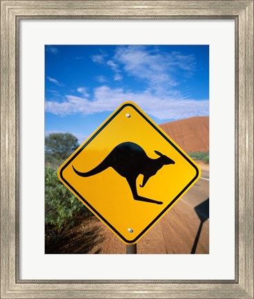 Framed Kangaroo sign on a road with a rock formation in the background, Ayers Rock Print