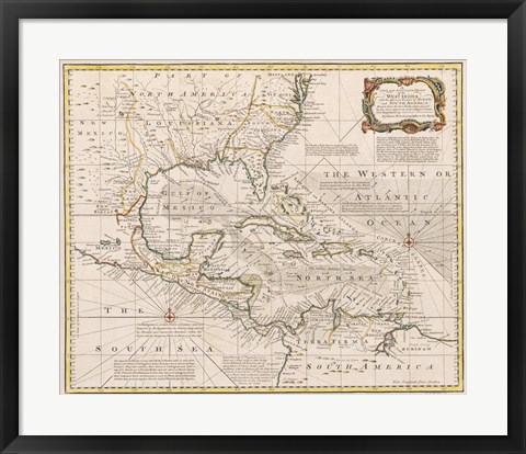 Framed 1720 Map of the West Indies with the Adjacent Coasts of North and South America Print
