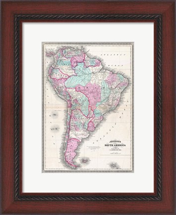 Framed 1870 Johnson Map of South America Print